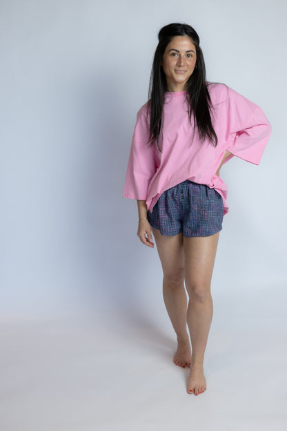 Blue and pink crinkled printed boxer shorts with an elastic waistband and relaxed fit.