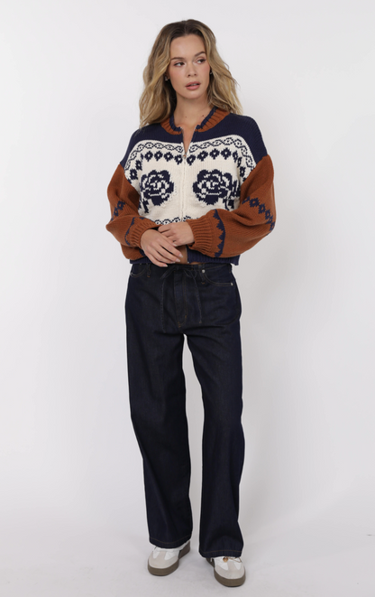 Sweet Rose Jacquard Zip Sweater Jacket