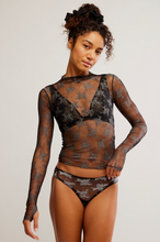 Load image into Gallery viewer, Sheer two-tone mesh embroidered long sleeve layering top with mock neckline and thumbhole sleeves