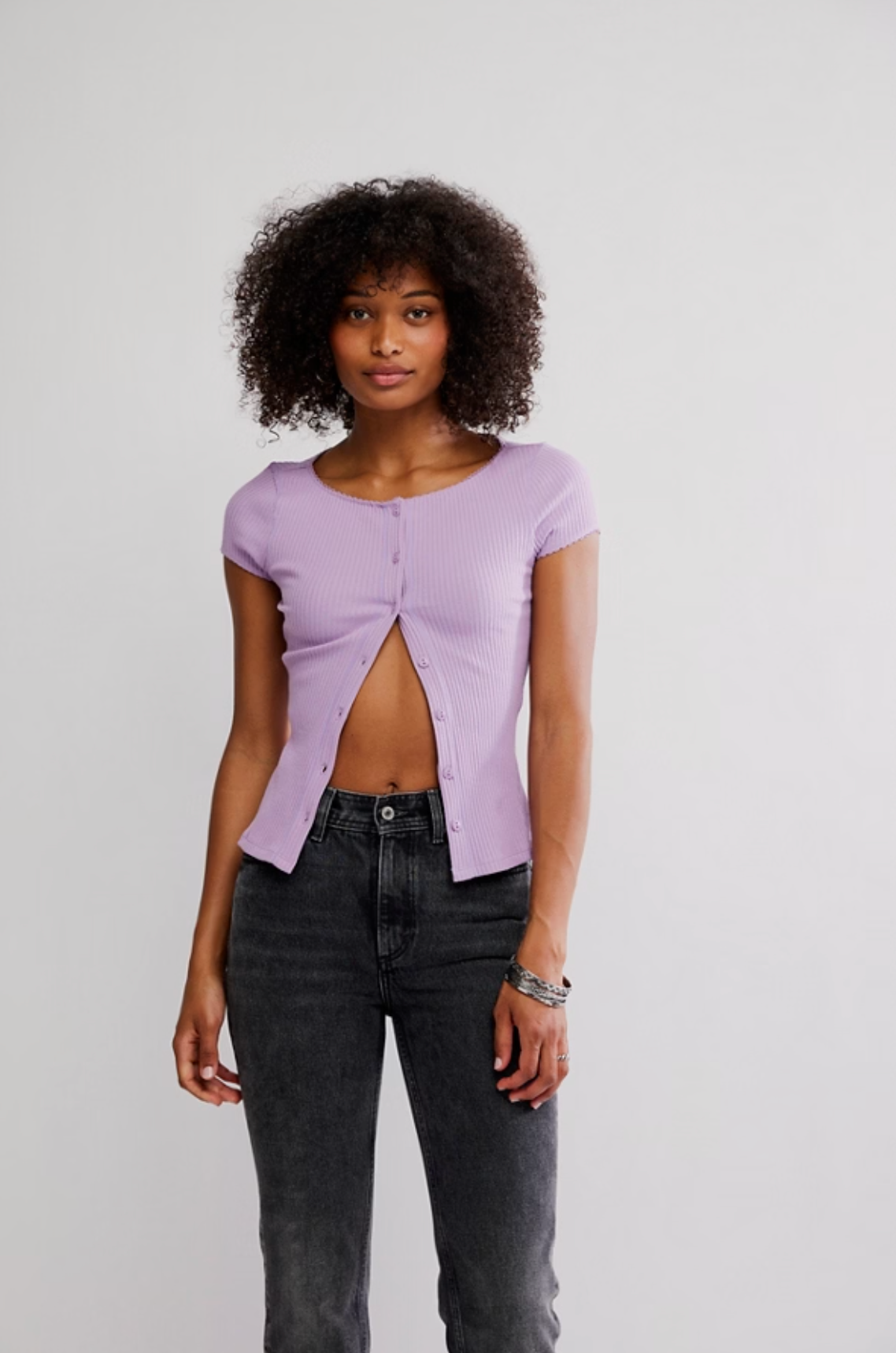 Lavender ribbed button front cropped cardigan top with capped sleeves and picot trim