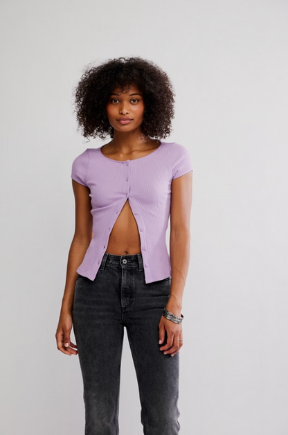 Lavender ribbed button front cropped cardigan top with capped sleeves and picot trim