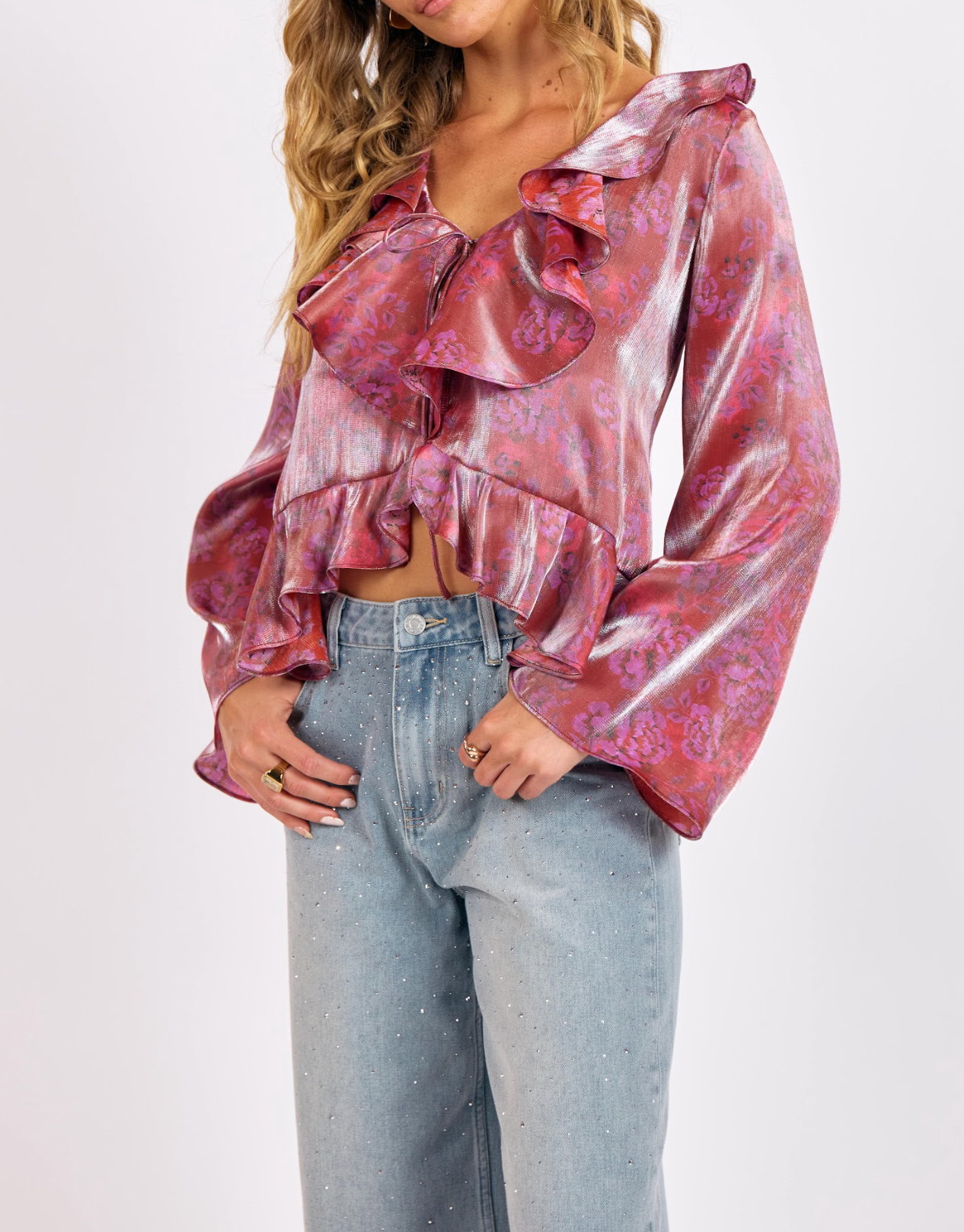 Floral Glow Ruffle Front Top