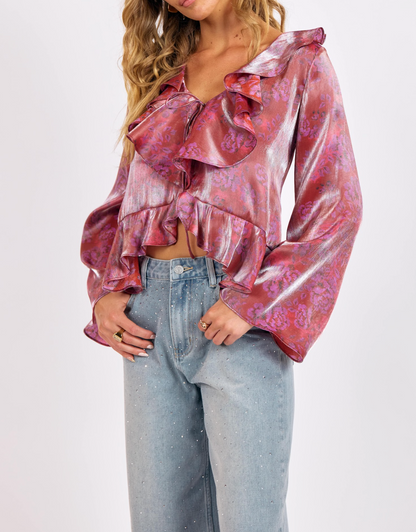 Floral Glow Ruffle Front Top