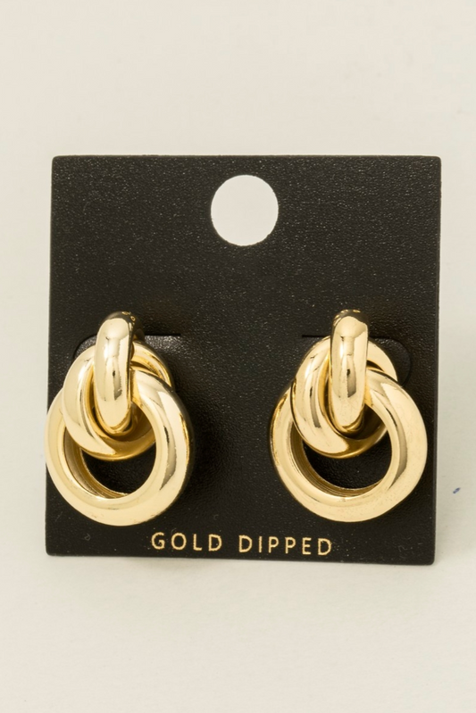 Gold-dipped thick layered door knocker earrings with interlocking loops on black card