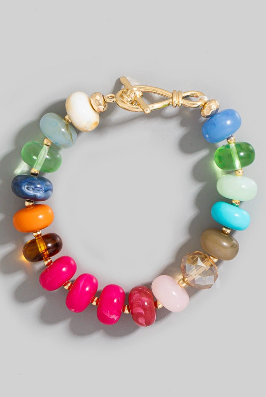 bright multicolor beaded toggle bracelet with marble and faceted beads