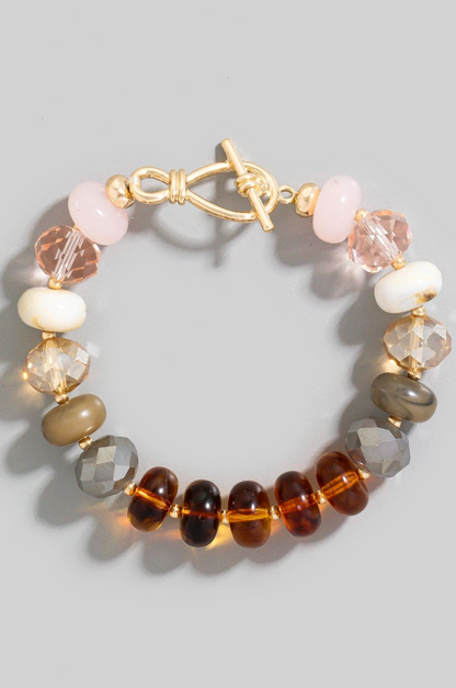 neutral mix beaded toggle bracelet with marble and faceted beads
