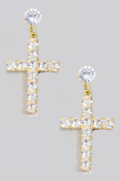 gold cubic zirconia pave cross drop earrings with round and square stones