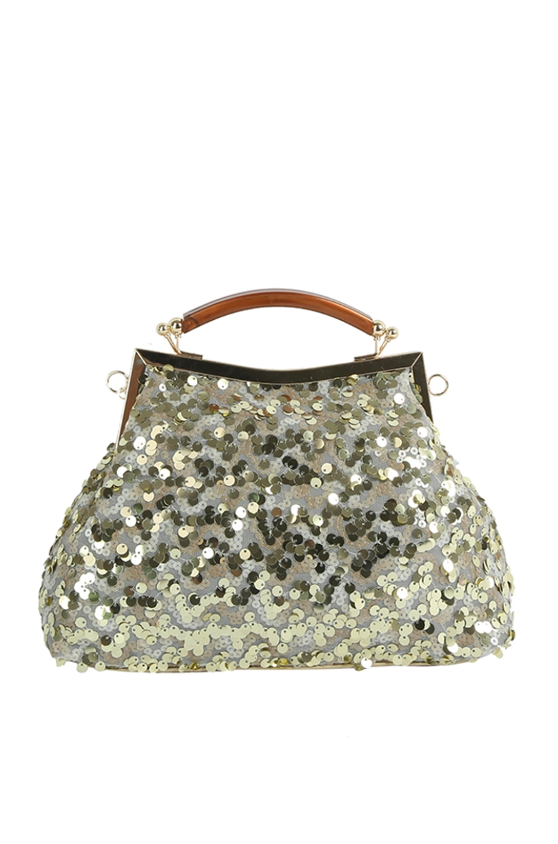 Silver sequin handbag with a brown handle on a white background