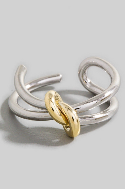 Two-tone gold and silver knotted open band ring with adjustable fit