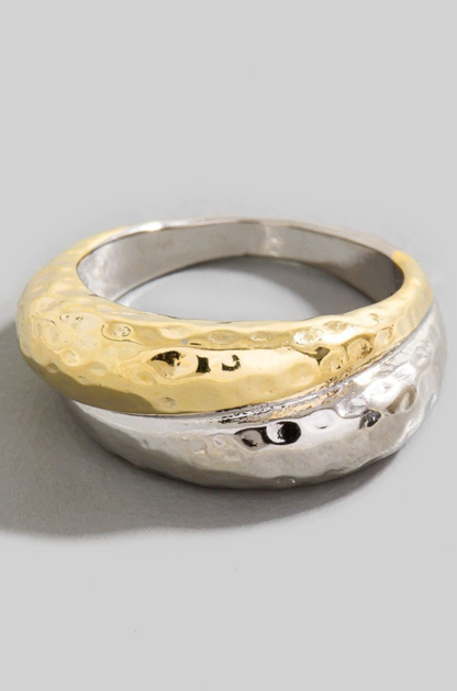 Two-tone gold and silver hammered layered band ring with textured finish