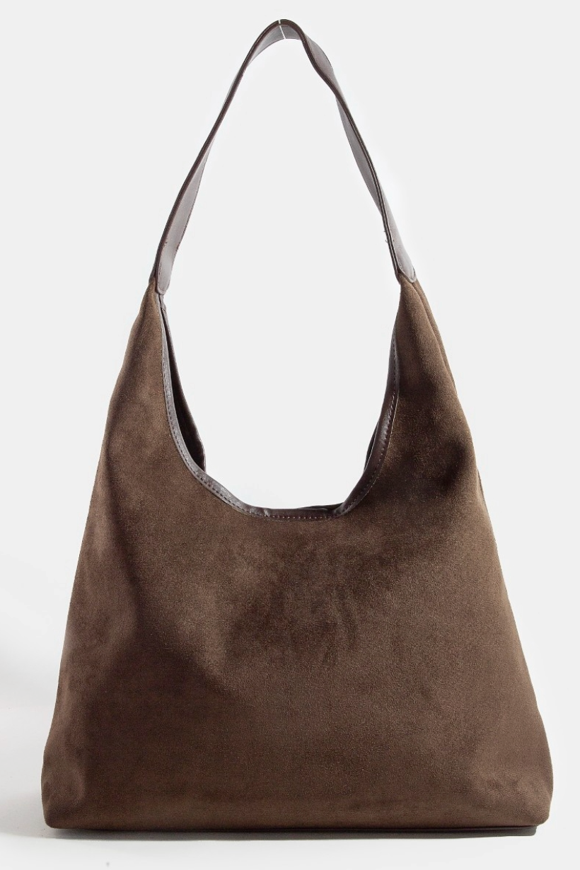 Brown suede hobo bag with faux leather trim and shoulder strap
