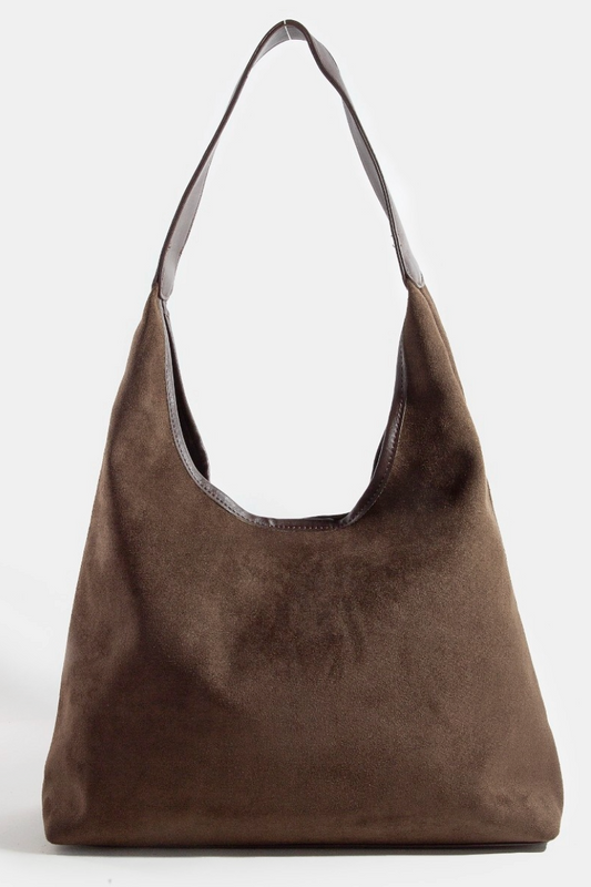Brown suede hobo bag with faux leather trim and shoulder strap