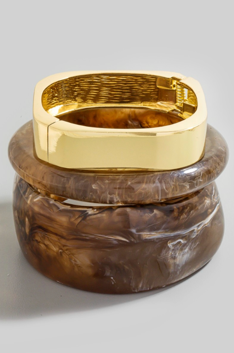 Vera Arc Bangle Set in brown marbled resin with gold hinge bangle