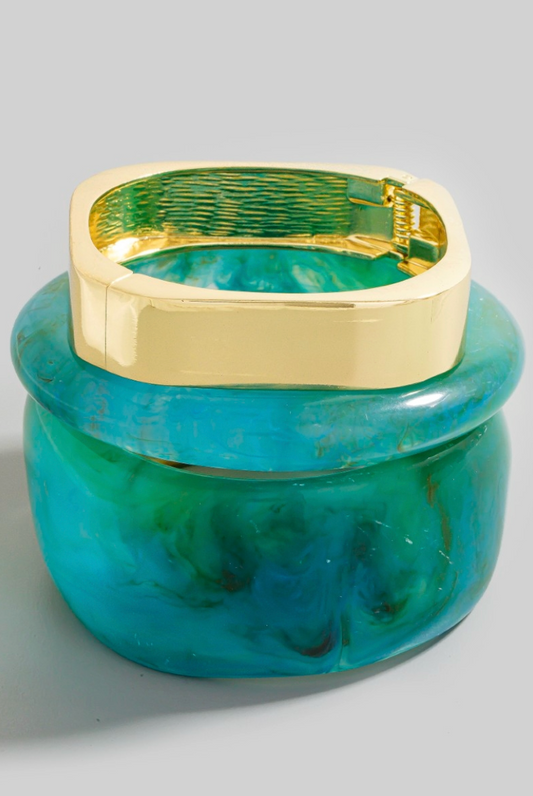 Vera Arc Bangle Set in turquoise marbled resin with gold hinge bangle