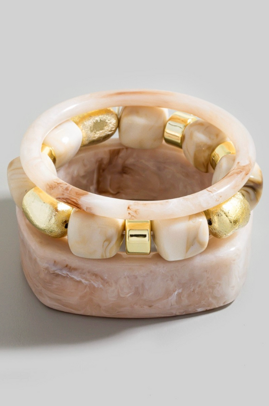 Calla Curve Bracelet Set in khaki marbled resin with gold bead bracelet