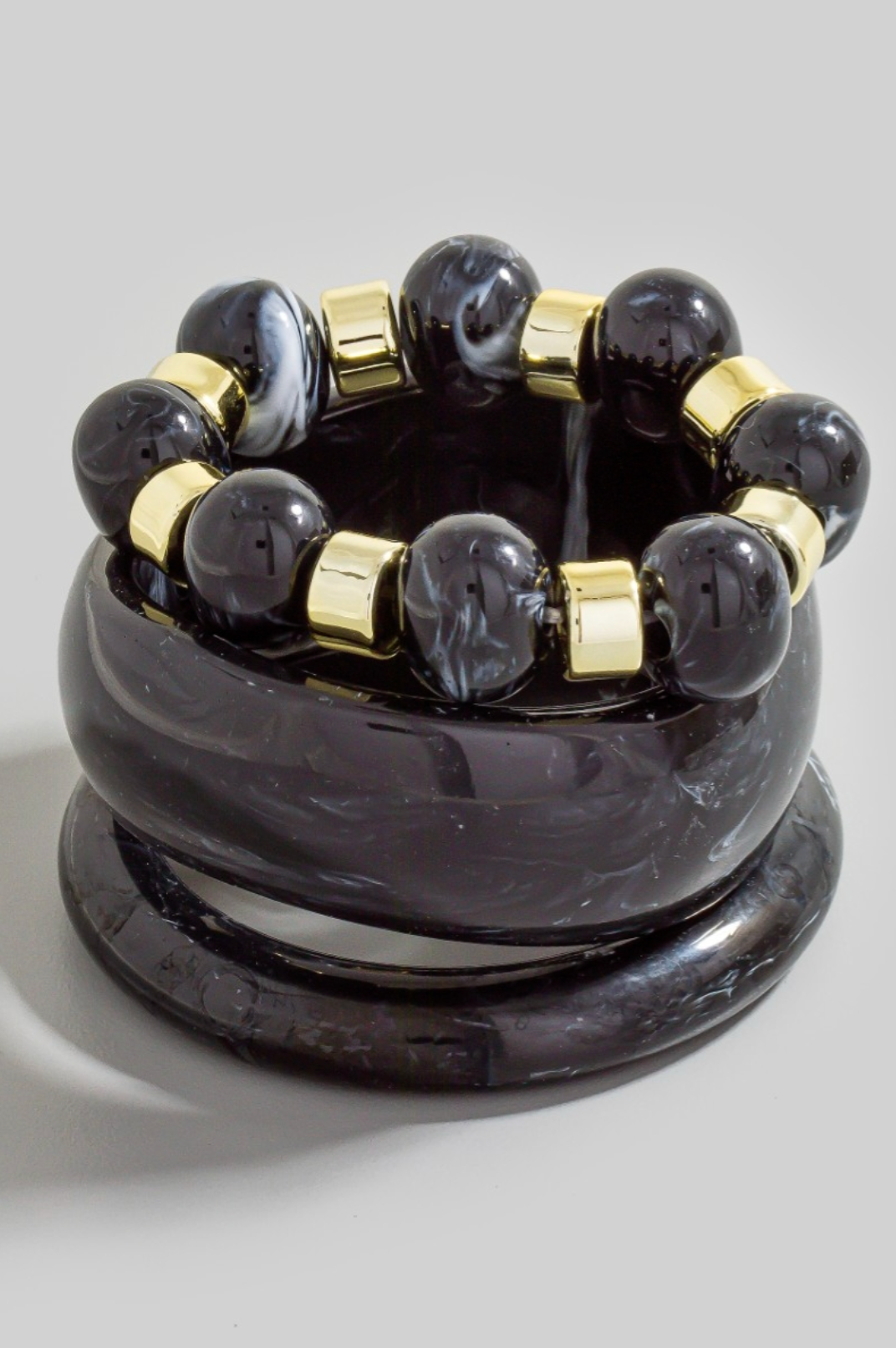 Black marble resin and gold bead bangle bracelet set