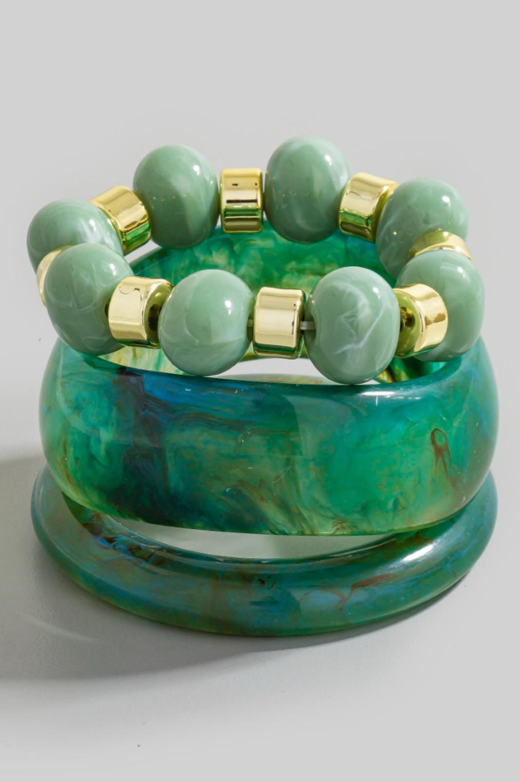 Green marble resin and gold bead bangle bracelet set