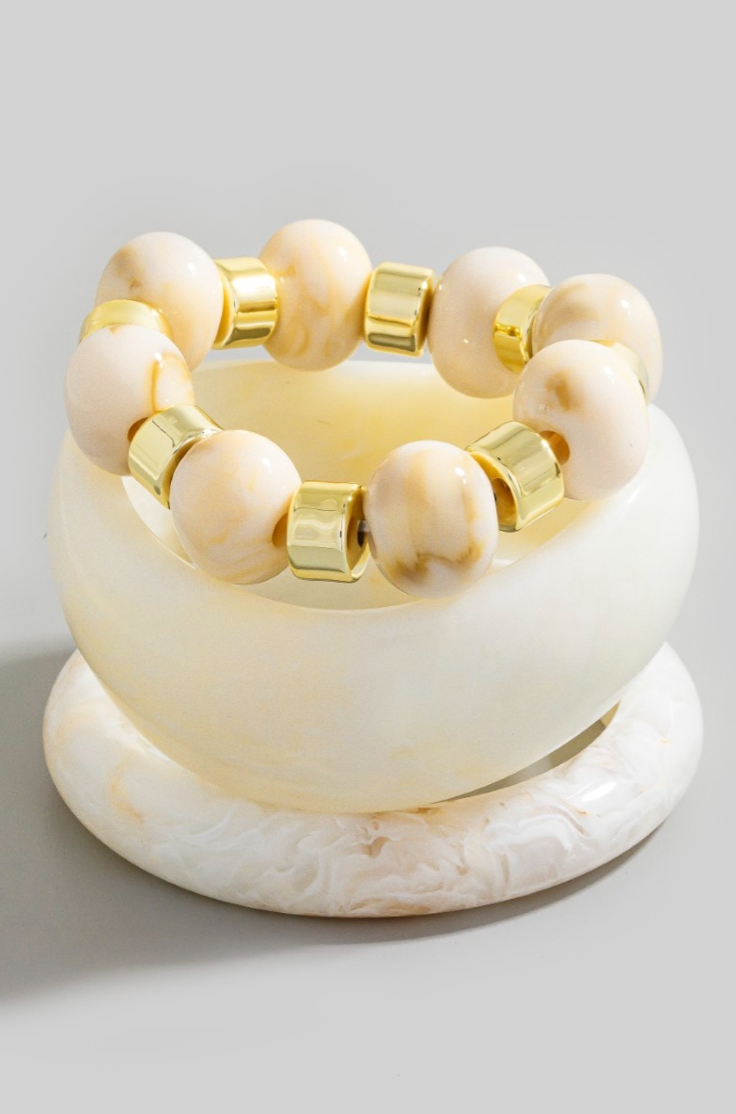 Ivory marble resin and gold bead bangle bracelet set