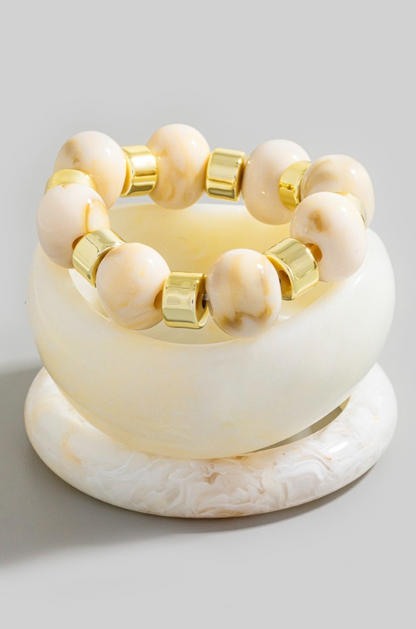 Ivory marble resin and gold bead bangle bracelet set