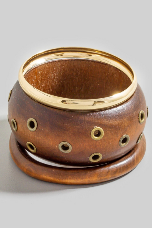 Rivet-detailed wood and metallic three-piece bangle bracelet set