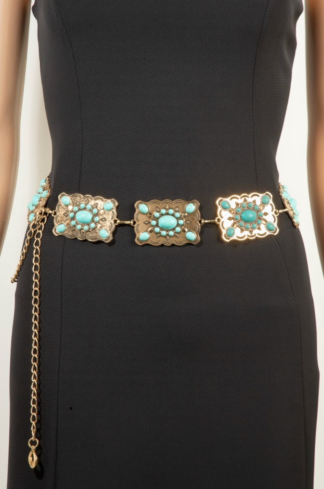 Western turquoise concho chain belt with gold detailing