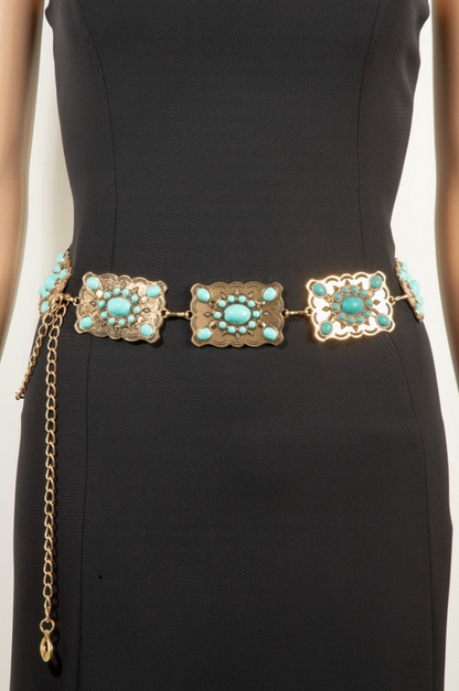 Western turquoise concho chain belt with gold detailing
