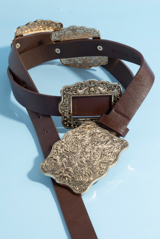 Brown vegan leather concho belt with gold engraved buckles