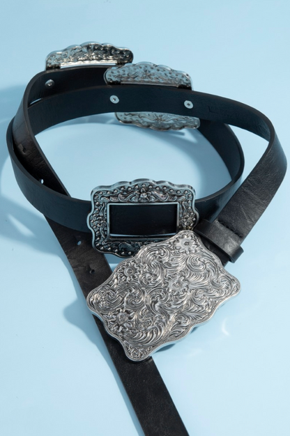 Black vegan leather concho belt with silver engraved buckles