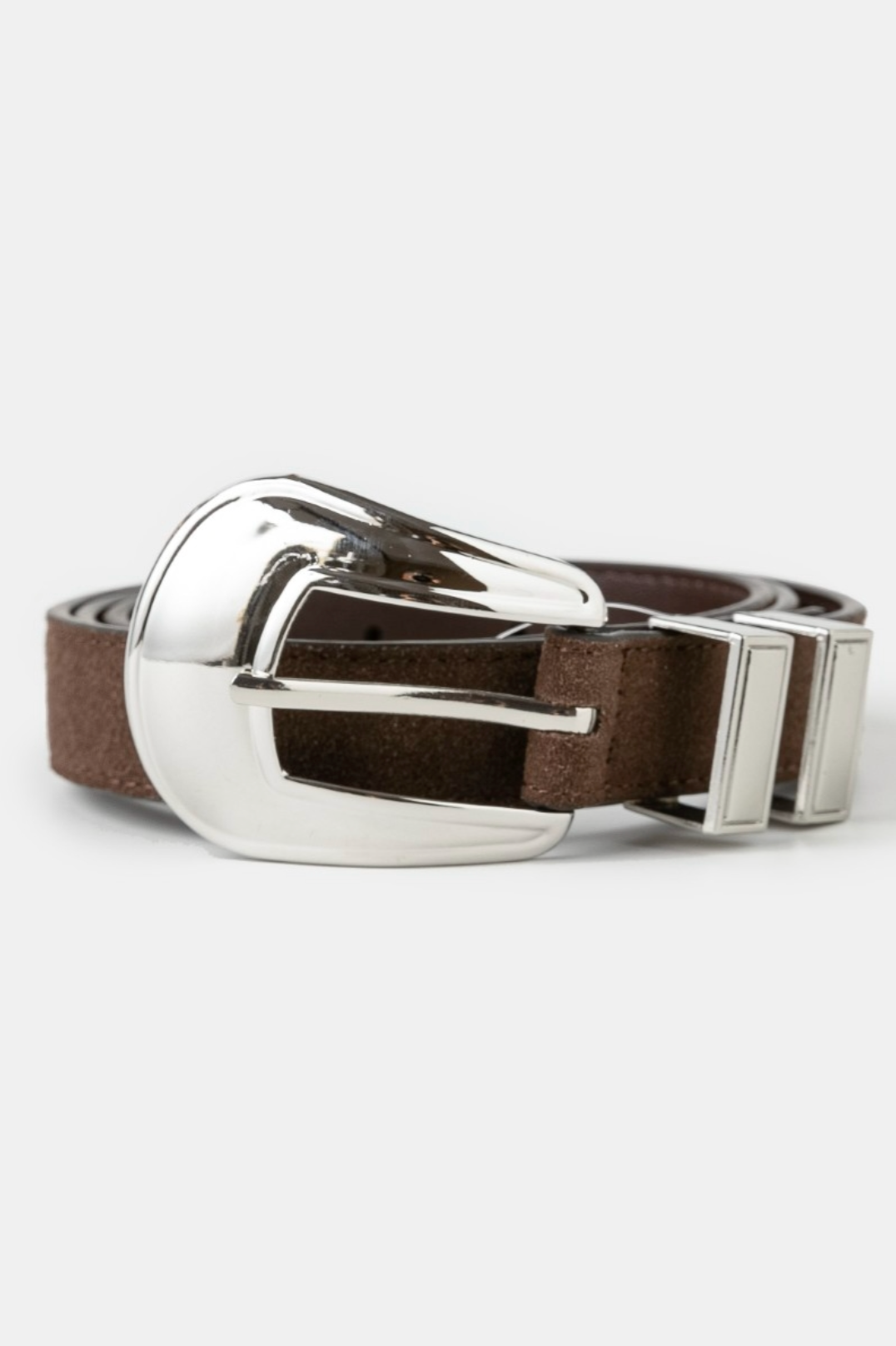 Make A Statement Belt in chocolate brown suede with silver curved buckle