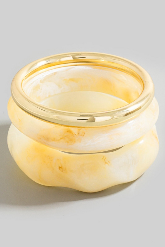 Isla Marble Bangle Set in ivory resin with gold metallic tube