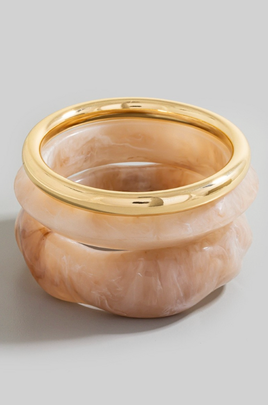 Isla Marble Bangle Set in khaki marbled resin with gold metallic tube