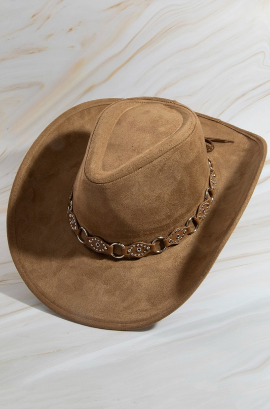 Dark brown faux leather western cowboy hat with chain strap