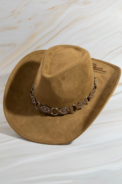 Light brown faux leather western cowboy hat with chain strap