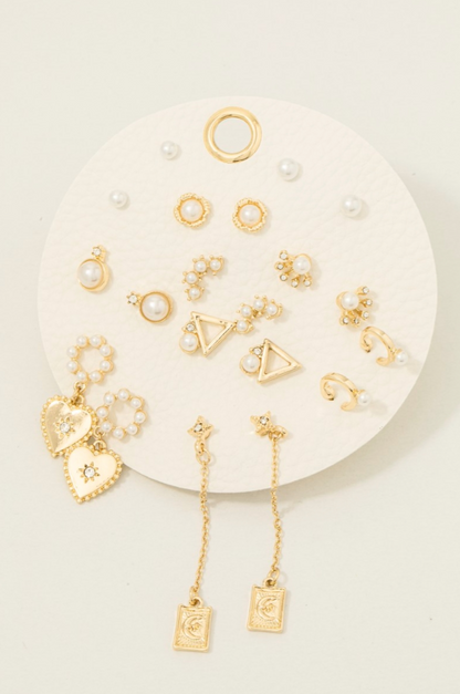 Gold and pearl 10-pair assorted earrings set with heart and geometric designs