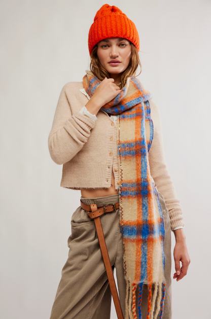 Highland Plaid Skinny Scarf Ivory Combo