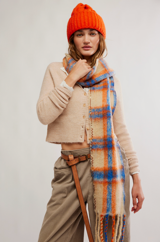 Highland Plaid Skinny Scarf Ivory Combo