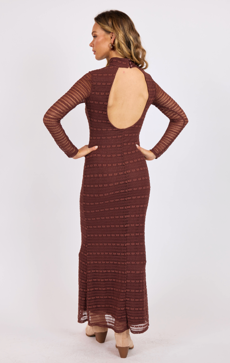 Sundance Stretch Lace Mock Neck Maxi Dress | Brown Lace Open Back Dress for Women XS Sundance Stretch Lace Mock Neck Maxi Dress | Brown Lace Open Back Dress for Women XS