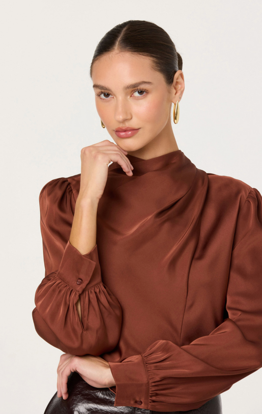 Woman wearing a brown blouse with puffed sleeves against a plain background