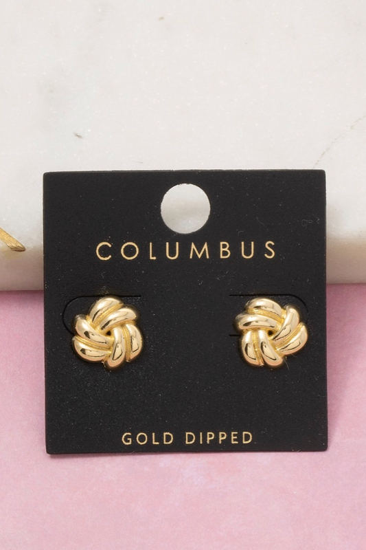 Gold-dipped knot earrings on a Columbus branded card with a pink background