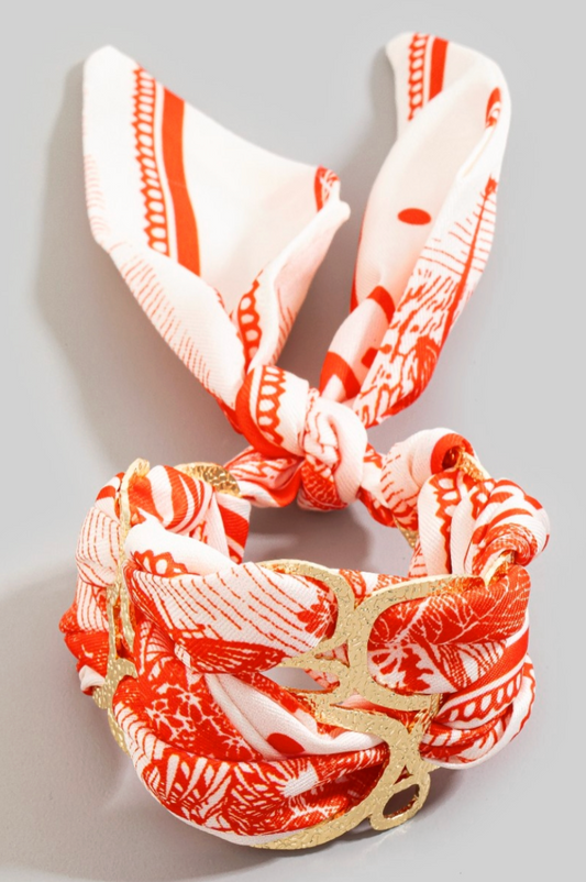 wide bandana fabric and hammered metal cuff bracelet