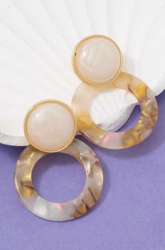 marbled resin hoop drop earrings with ivory stud top and warm honey tones