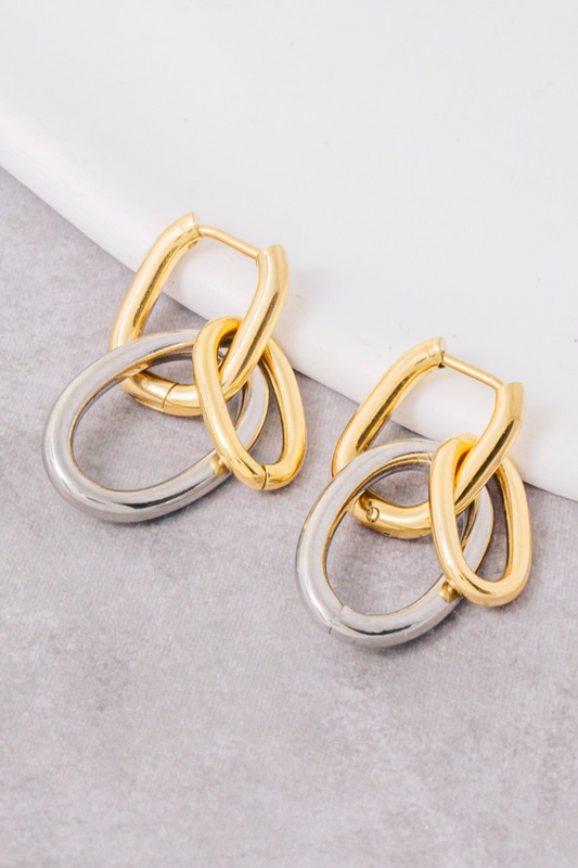 two tone interlocking ring link drop earrings in gold and silver