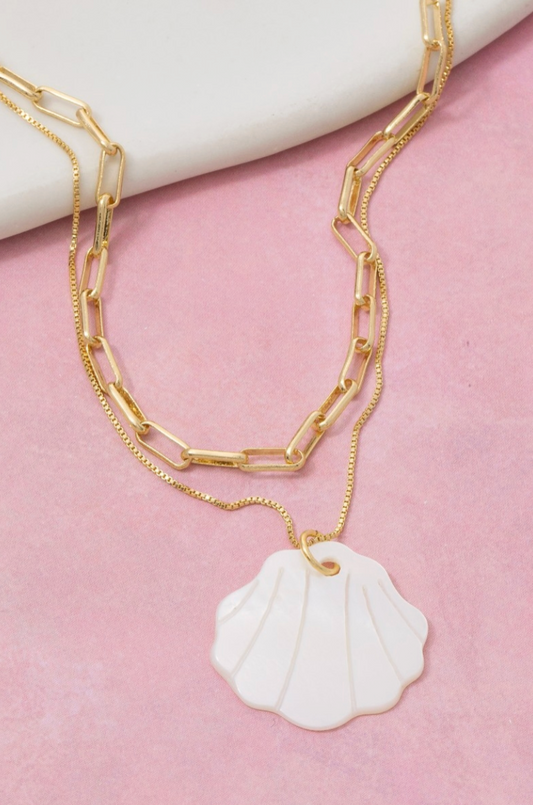 gold layered chain necklace with natural shell pendant