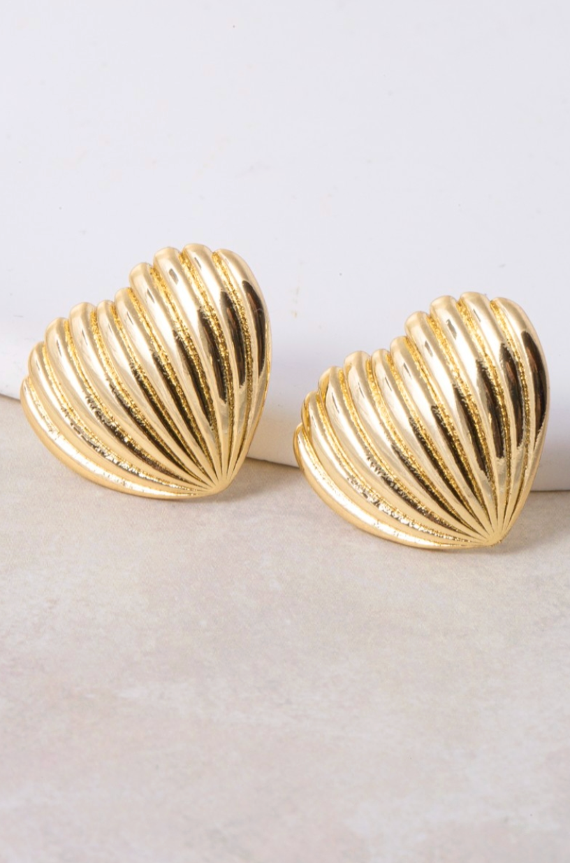 gold dipped ridged heart shield stud earrings