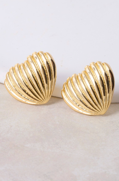gold dipped ridged heart shield stud earrings
