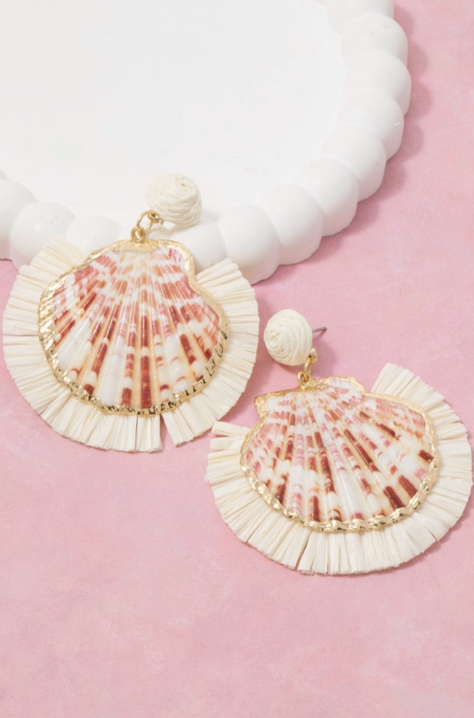seashell drop earrings with raffia fringe design