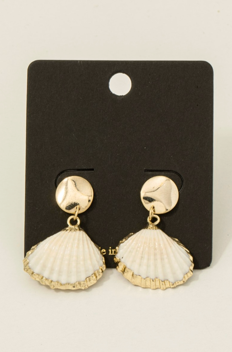 Shell-shaped earrings on a black card with a white background