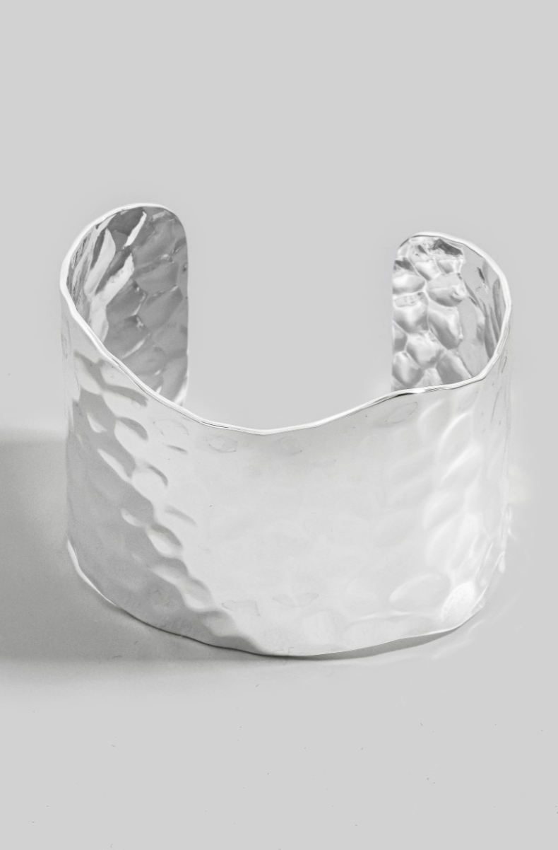 wide hammered cuff bracelet in gold and silver metallic finish