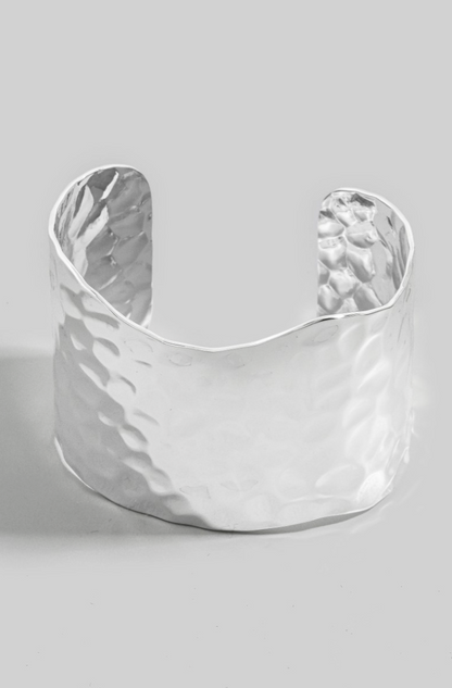 wide hammered cuff bracelet in gold and silver metallic finish