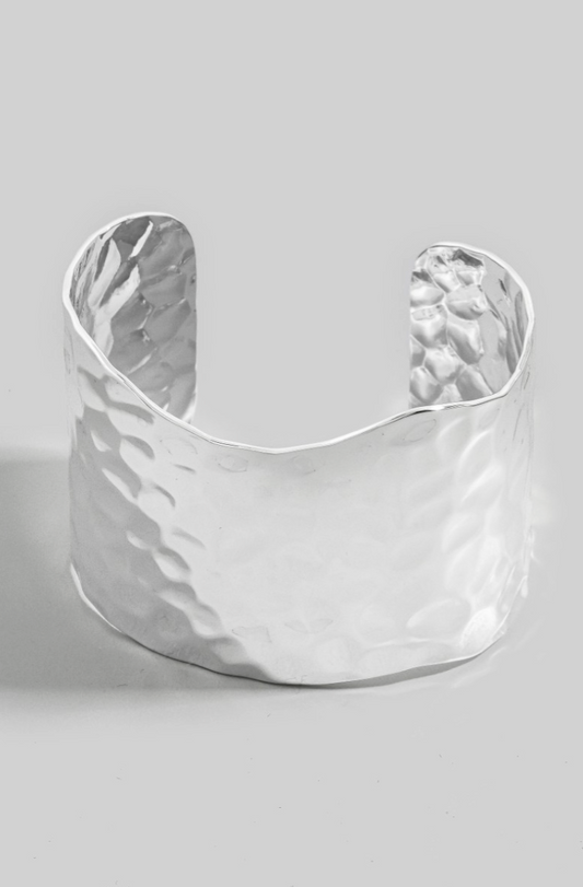 wide hammered cuff bracelet in gold and silver metallic finish